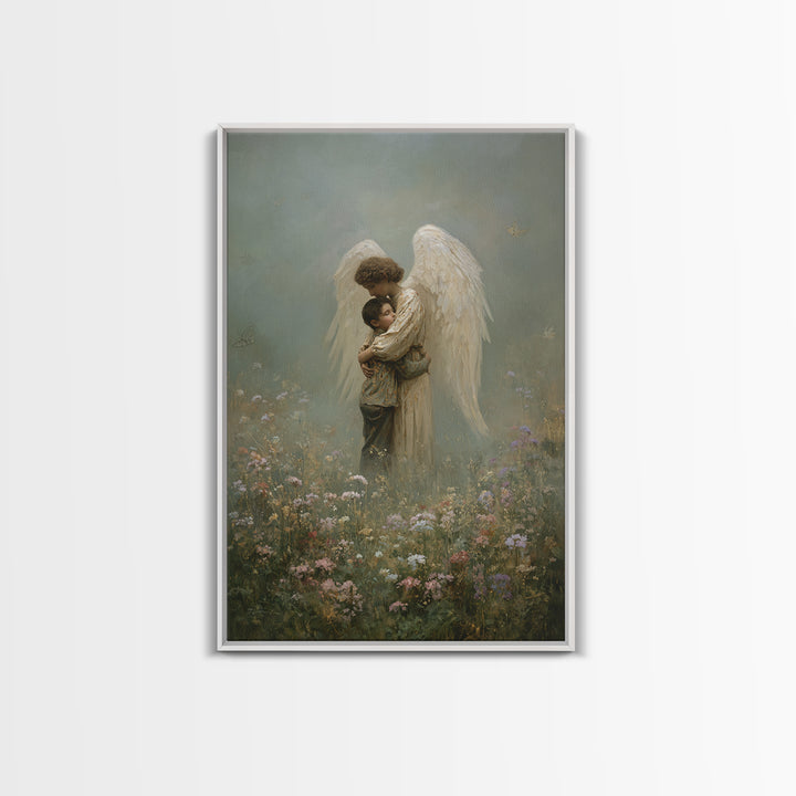 Misty Guardian Angel Hugging Child Framed Canvas Print, Christian Wall Art, Spiritual Nursery Decor, Butterfly Meadow Art