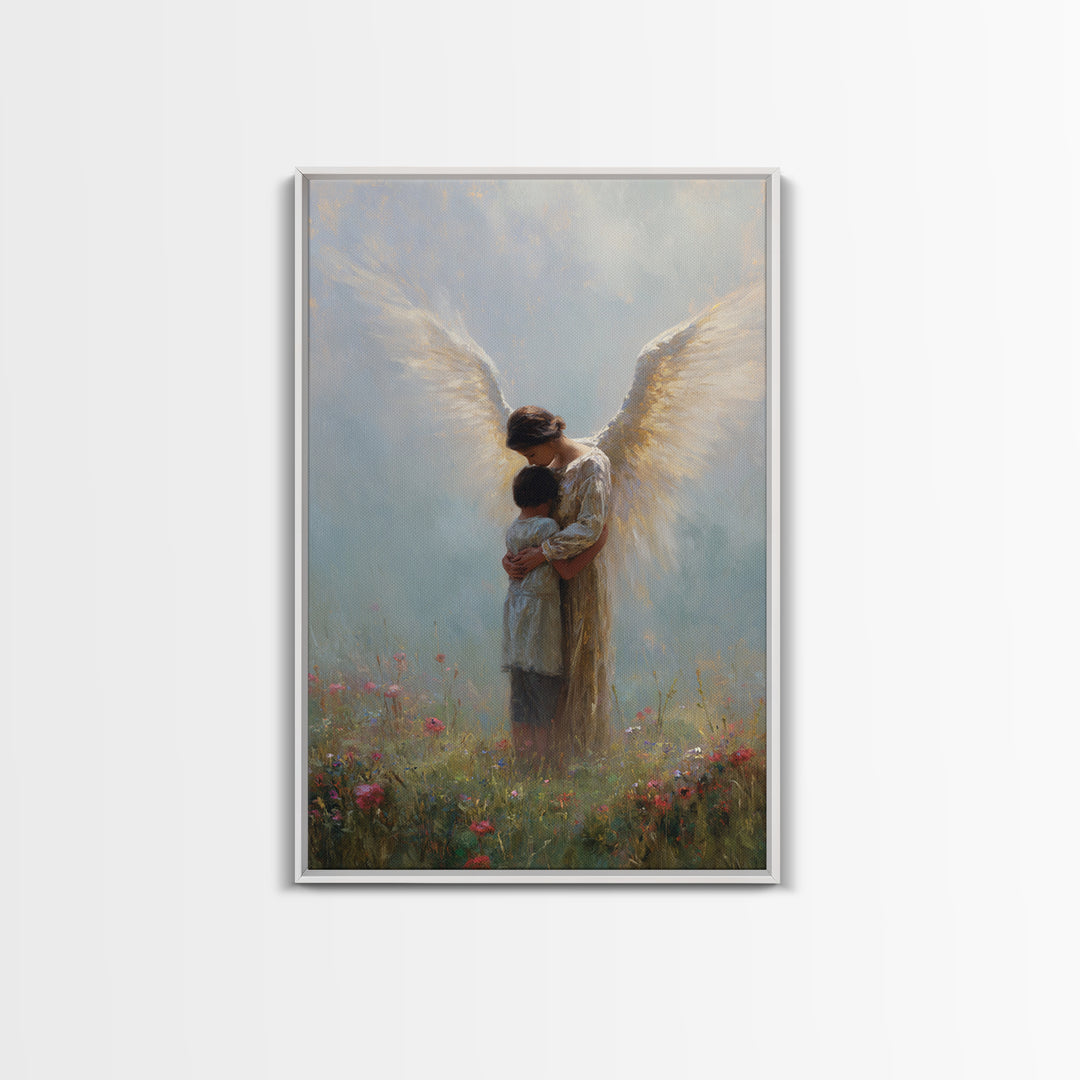 Guardian Angel Embracing Child In Wildflower Meadow Wall Art, Christian Nursery Decor, Spiritual Canvas Print Gift For Her