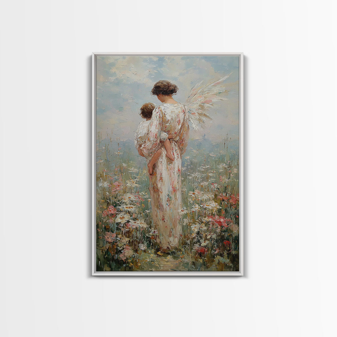 Angel Mother Holding Child In Blooming Meadow Framed Canvas Print, Christian Wall Art, Nursery Decor, Housewarming Gift