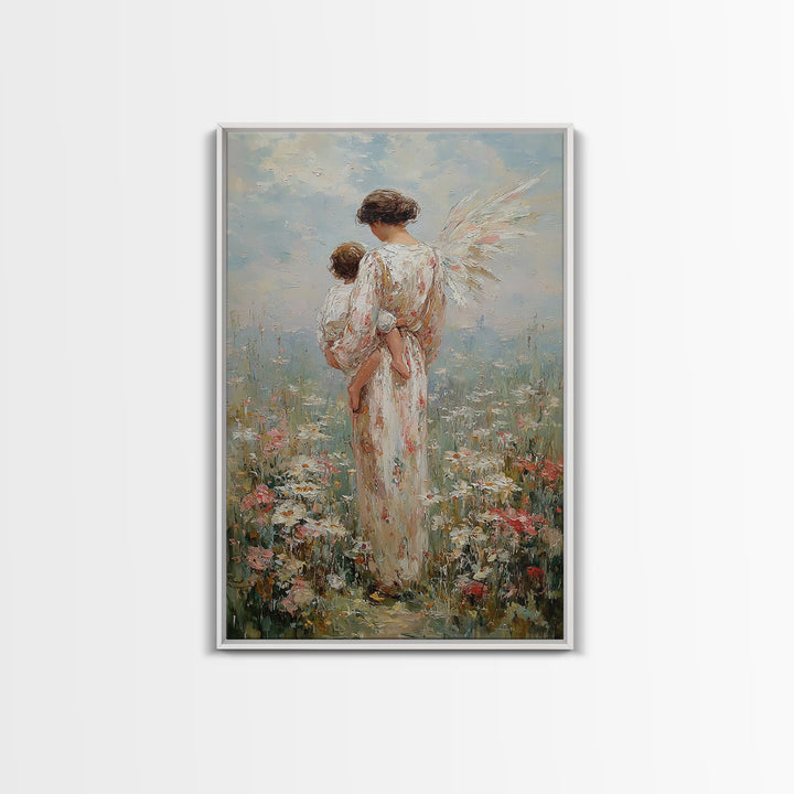 Angel Mother Holding Child In Blooming Meadow Framed Canvas Print, Christian Wall Art, Nursery Decor, Housewarming Gift