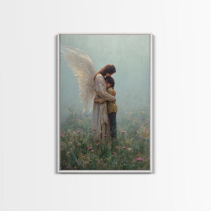 Guardian Angel Hugging Child In Misty Meadow Wall Art, Spiritual Christian Decor, Nursery Canvas Print, Housewarming Gift