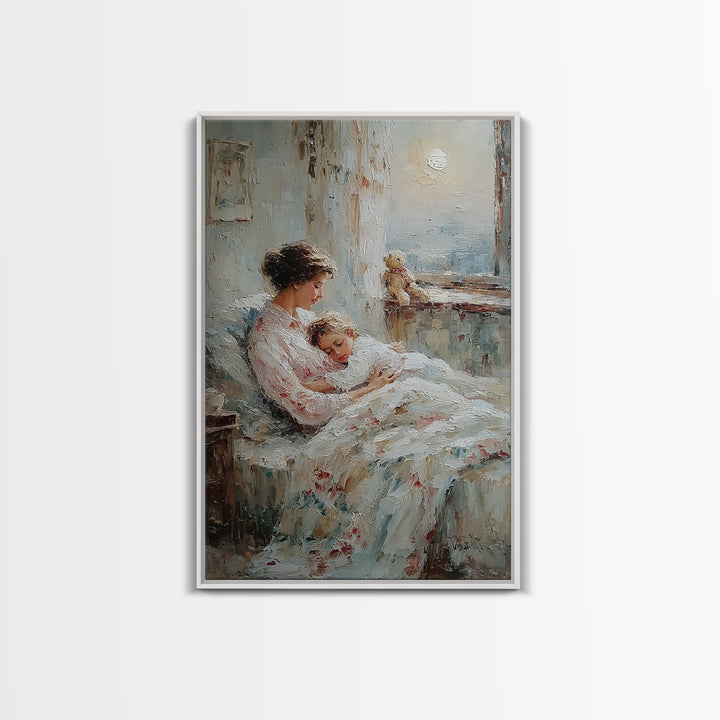 Mother Cradling Sleeping Child By Moonlit Window Framed Canvas Print, Bedroom Wall Art, Nursery Decor, Gift For Mom, Cozy Wall Art