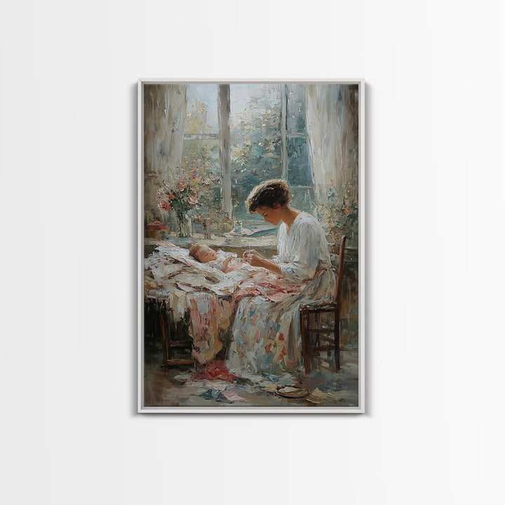 Mother Stitching By Baby Cradle, Bright Window Wall Art, Impressionist Oil Painting Print, Nursery Decor, Gift For Mom, Home Decor