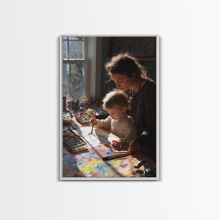 Mother And Toddler Painting Together, Sunlit Studio Wall Art, Modern Home Decor, Art Print, Gift For Mom, Kids Room Decor