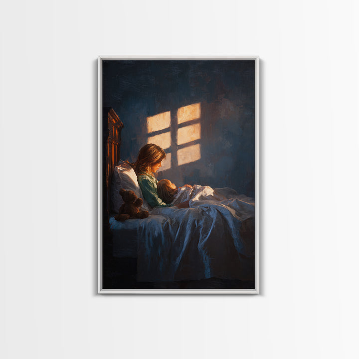 Mother Reading To Child In Bed, Warm Window Light Wall Art, Moody Bedroom Decor, Nursery Art Print, Gift For Mom, Cozy Home Decor