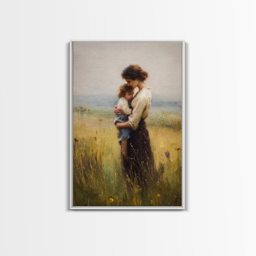 Tender Mother Holding Child In Golden Meadow Canvas Print, Soft Impressionist Oil Painting, Neutral Nursery Wall Art Gift