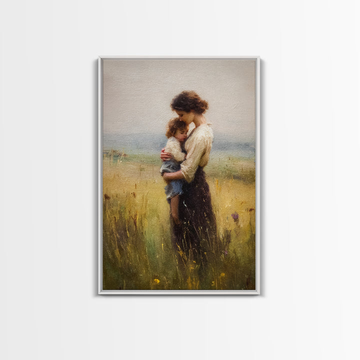 Tender Mother Holding Child In Golden Meadow Canvas Print, Soft Impressionist Oil Painting, Neutral Nursery Wall Art Gift