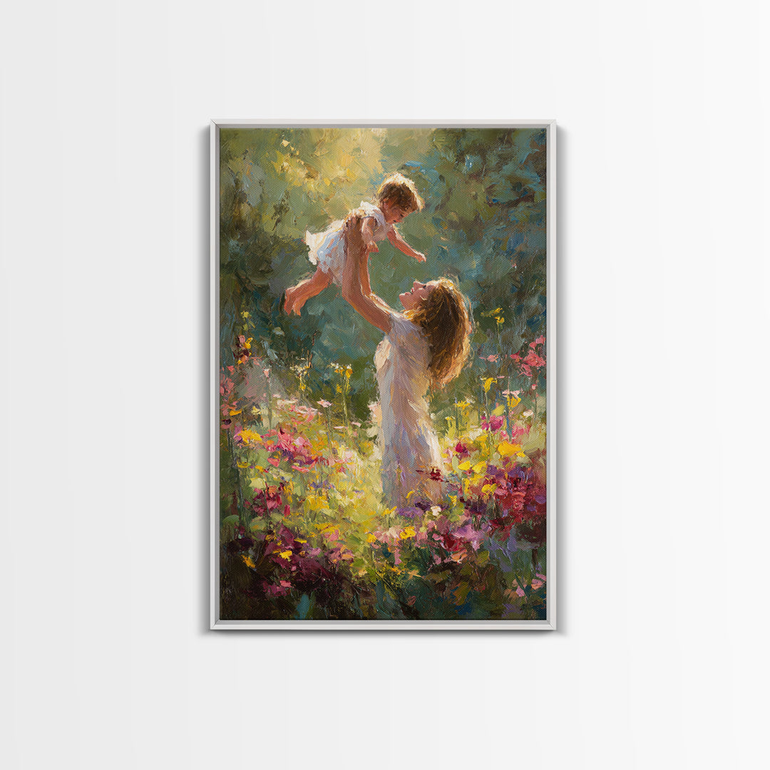 Sunlit Mother And Baby In Flower Garden Canvas Print, Impressionist Oil Painting, Colorful Nursery Wall Art Gift For Mom