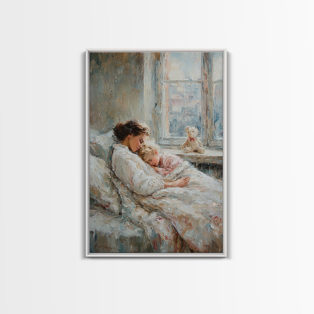 Tender Mother And Child Sleeping By Window Wall Art, Soft Nursery Decor, Mothers Day Gift, Bedroom Art Print, New Mom Gift