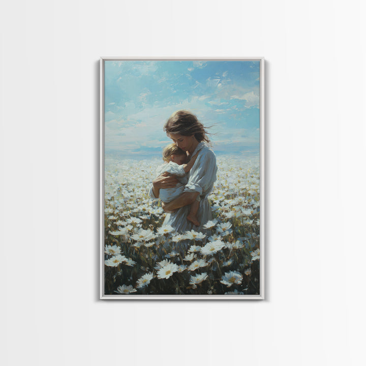 Mother Cradling Baby In Blue Sky Daisy Field Framed Canvas Print, Floral Wall Art, Nursery Decor, Mothers Day Gift, New Mom Gift