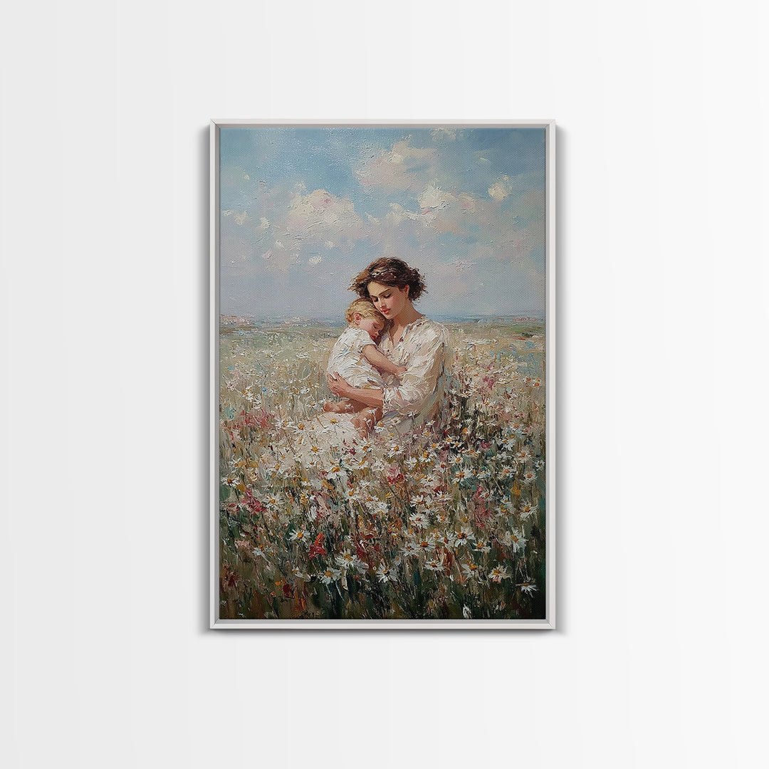 Romantic Mother And Baby In Wildflower Field Canvas Print, Floral Wall Art, Nursery Decor, Mothers Day Gift, New Mom Gift