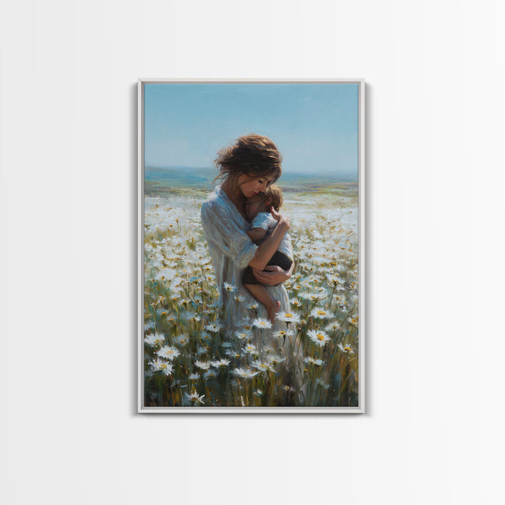 Mother Nursing Baby In Daisy Meadow Wall Art, Feminine Floral Oil Painting Print, New Mom Gift, Nursery And Bedroom Decor