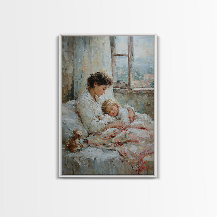 Mother And Sleeping Child By Window Framed Canvas Print, Cozy Bedroom Wall Art, New Mom Gift, Nursery Room Decor, Soft Neutral Home Decor