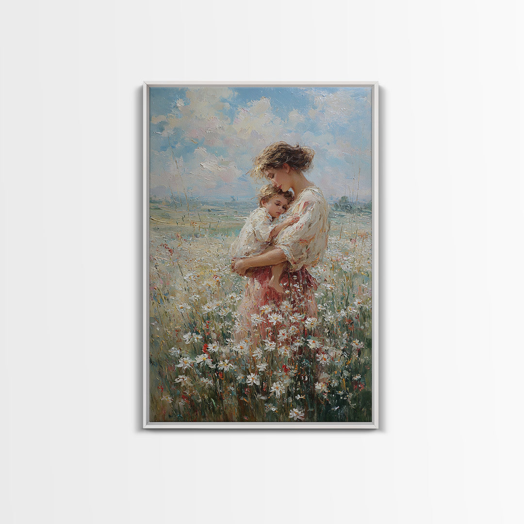 Mother Holding Child In Wildflower Meadow Wall Art, Impressionist Floral Oil Painting, New Mom Gift, Nursery Bedroom Decor