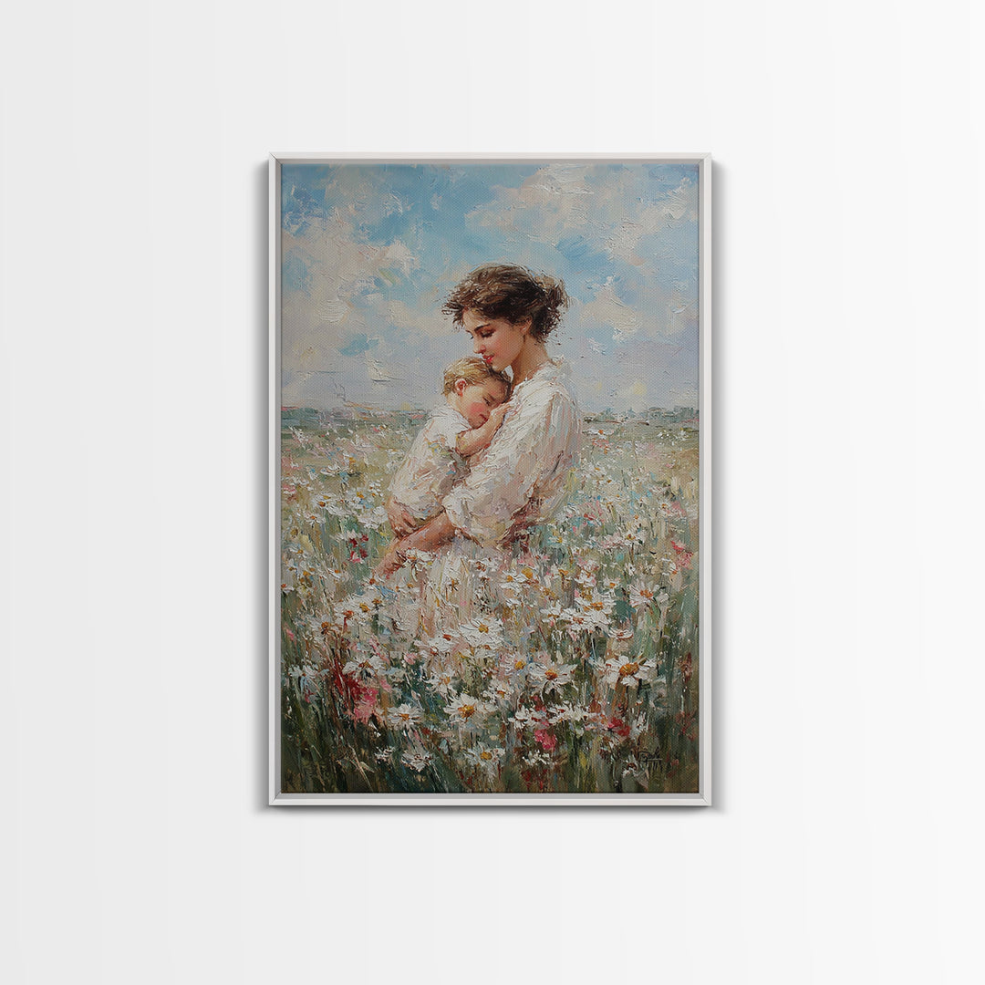Mother Cradling Baby In Daisy Field Canvas Print, Soft Floral Wall Art, Feminine Nursery Decor, Gift For New Mom, Bedroom Wall Decor