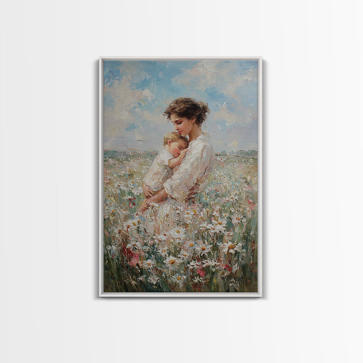 Mother Cradling Baby In Daisy Field Canvas Print, Soft Floral Wall Art, Feminine Nursery Decor, Gift For New Mom, Bedroom Wall Decor