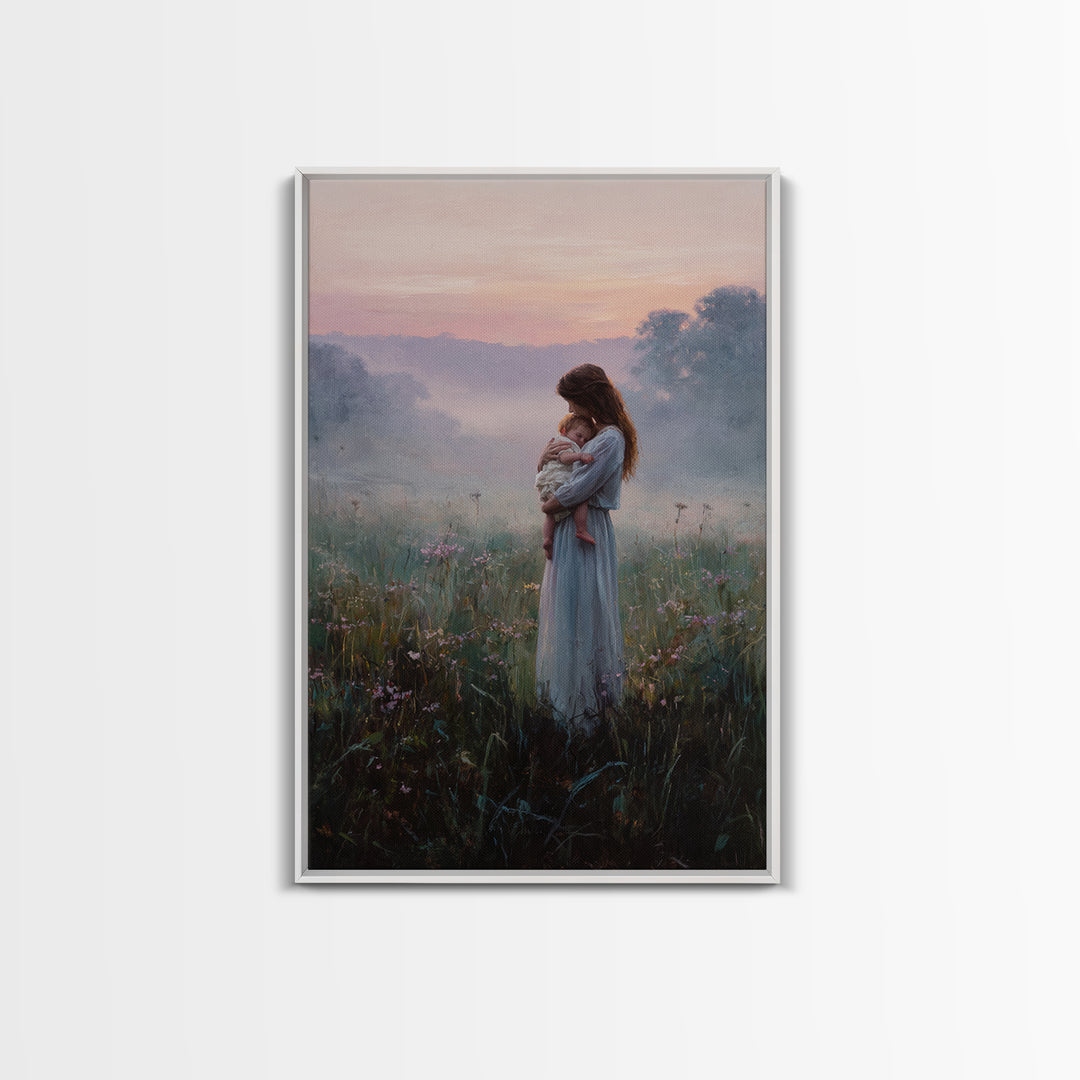 Mother And Baby In Misty Sunrise Meadow Wall Art, Romantic Landscape Oil Painting, New Mom Gift, Feminine Bedroom And Nursery Decor