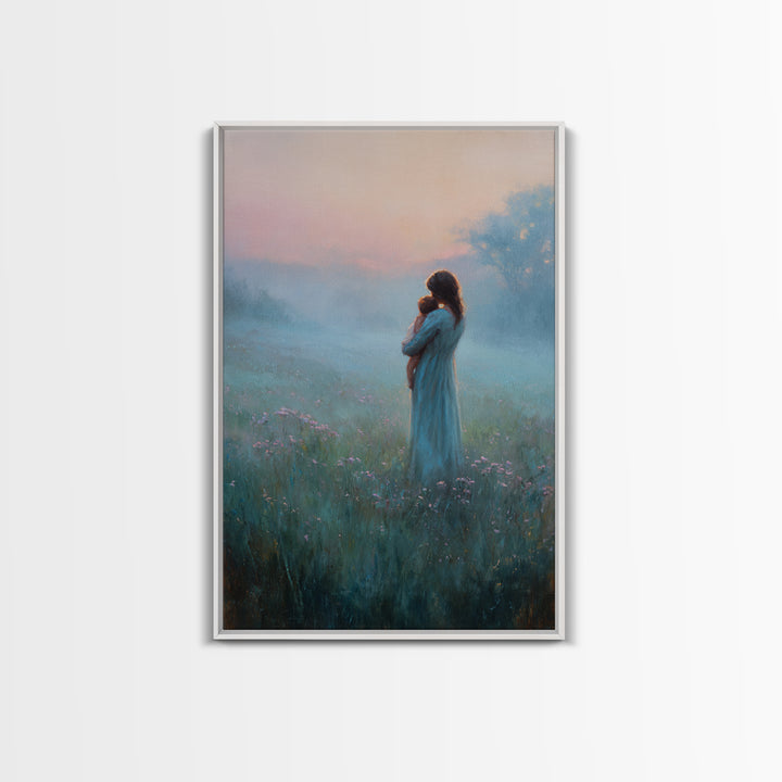 Mother Holding Baby In Foggy Pastel Meadow Canvas Print, Calming Landscape Wall Art, New Mom Gift, Nursery Decor, Soft Bedroom Wall Decor