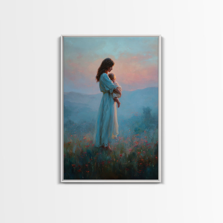 Mother And Baby At Blue Pink Sunset Wall Art, Dreamy Mountain Landscape Oil Painting, New Mom Gift, Feminine Nursery Decor