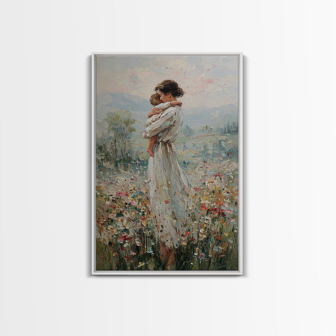 Mother Hugging Child In Mountain Wildflowers Canvas Print, Impressionist Landscape Wall Art, New Mom Gift, Nursery Decor