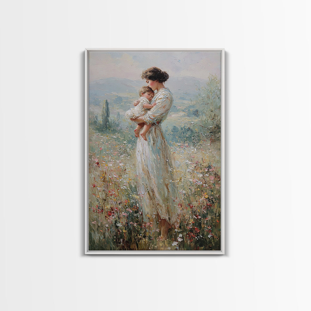 Mother Holding Baby In Wildflower Meadow Wall Art, Impressionist Motherhood Painting, Nursery Decor, Gift For Mom, Living Room Decor