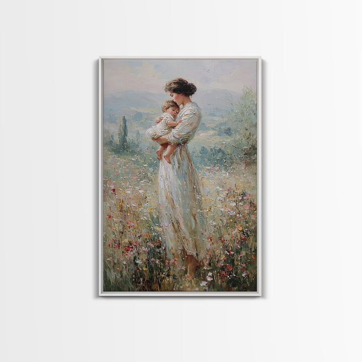 Mother Holding Baby In Wildflower Meadow Wall Art, Impressionist Motherhood Painting, Nursery Decor, Gift For Mom, Living Room Decor