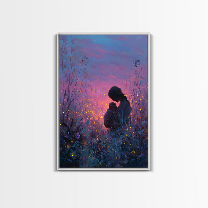 Twilight Mother And Baby In Firefly Meadow Canvas Print, Celestial Nursery Wall Art, Fantasy Decor, Gift For Mom, Bedroom Decor