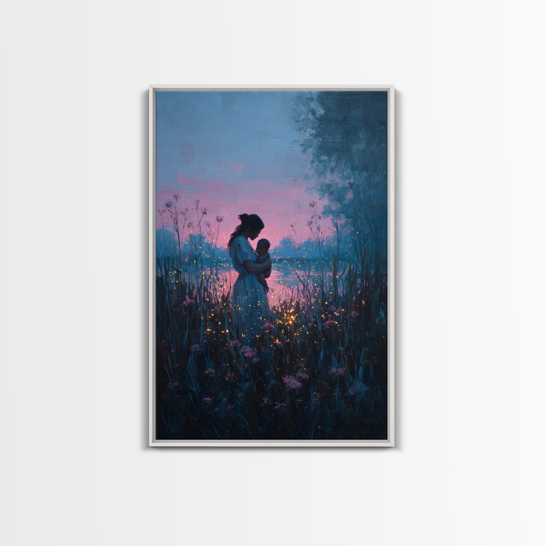 Blue Dusk Mother And Child By Lake Wall Art, Firefly Meadow Painting, Celestial Nursery Decor, Spiritual Gift For Mom, Art Print