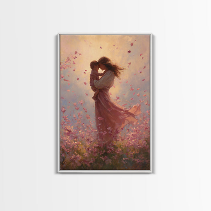 Mother Kissing Baby In Pink Blossom Field Framed Canvas Print, Romantic Wall Art, Nursery Decor, Gift For Her And Mom, Bedroom Decor