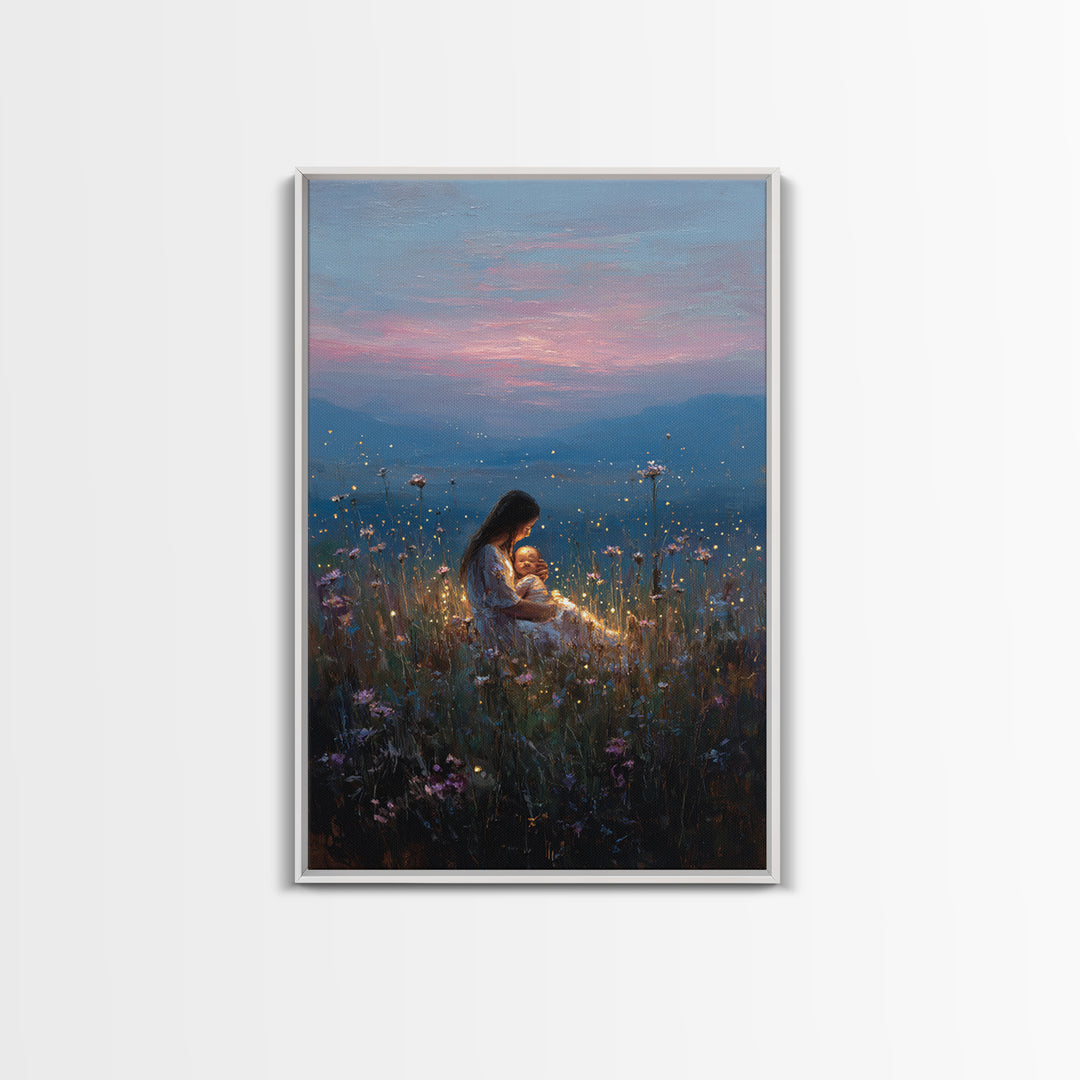 Glowing Mother And Baby In Mountain Meadow Canvas Print, Serene Landscape Wall Art, Nursery Decor, Spiritual Gift For Mom