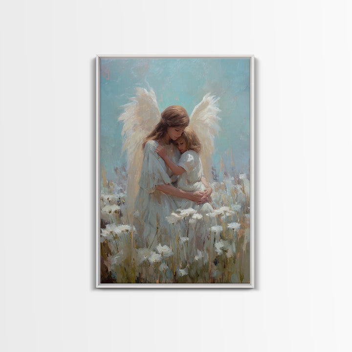 Guardian Angel Hugging Child In White Flower Field Wall Art, Spiritual Canvas Print, Christian Nursery Decor, Gift For Mom