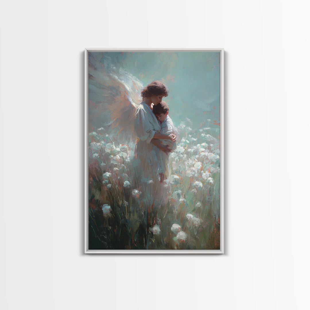 Angel Mother Holding Child In Soft White Meadow Framed Canvas Print, Spiritual Wall Art, Christian Nursery Decor, Gift For Mom