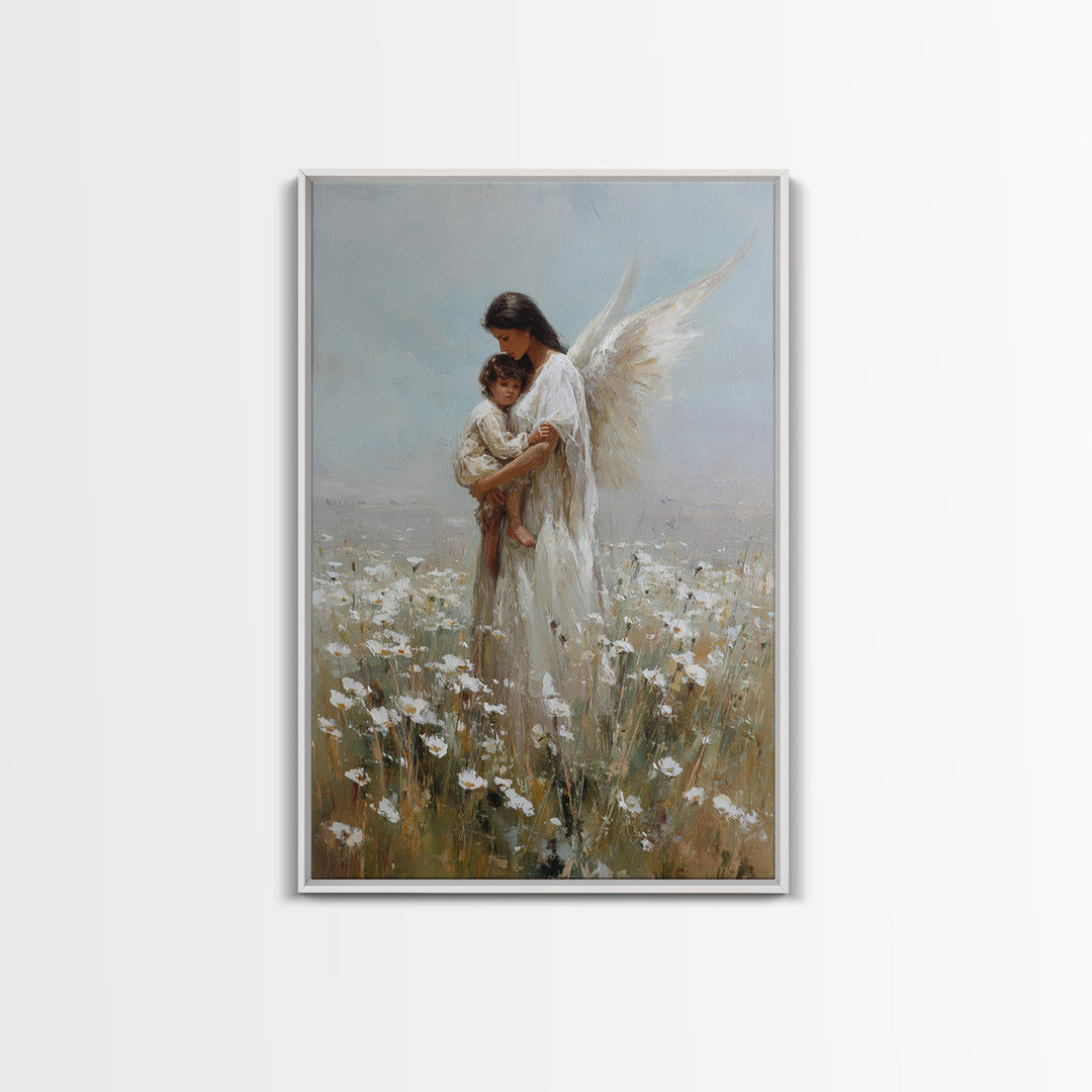 Dark Haired Guardian Angel With Child In Daisy Field Wall Art, Religious Canvas Print, Christian Nursery Decor, Gift For Mom