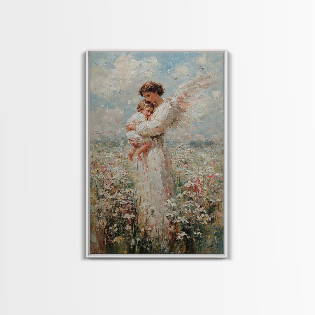Textured Angel Mother Holding Baby In Wildflower Field Wall Art, Impressionist Canvas Print, Christian Nursery Decor, Gift For Mom
