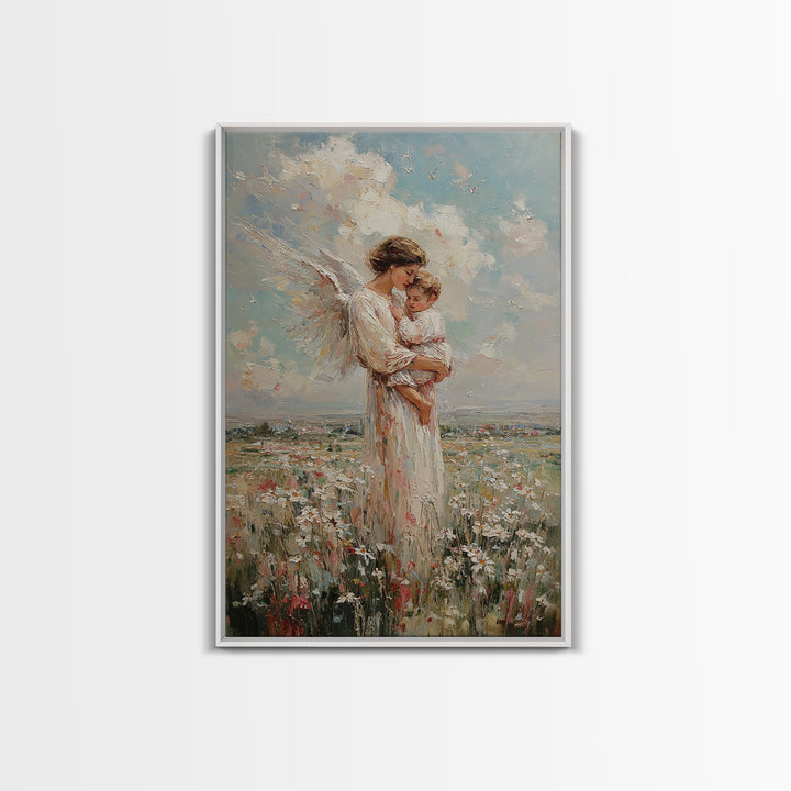 Angel Mother And Baby In Wildflower Meadow Wall Art, Christian Nursery Decor, Motherhood Gift, Fine Art Print, Serene Home Decor