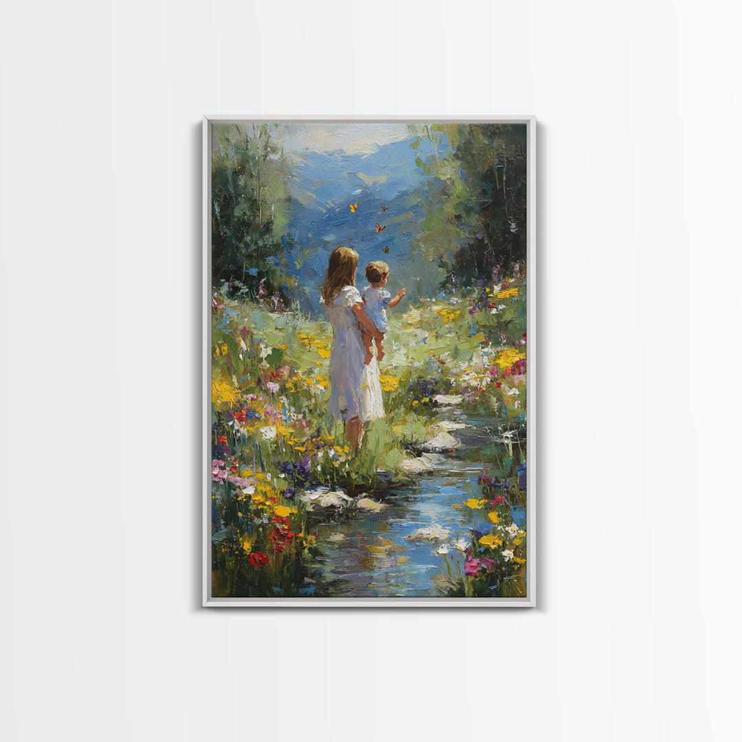 Mother And Child By Mountain Stream Wall Art, Wildflower Landscape Painting, Nature Wall Art, Nursery Decor, Housewarming Gift