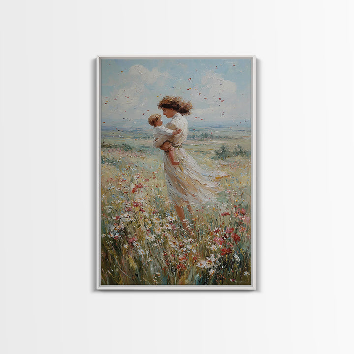 Windswept Mother Holding Baby In Daisy Field Framed Canvas Print, Floral Wall Art, Motherhood Gift, Romantic Bedroom Art