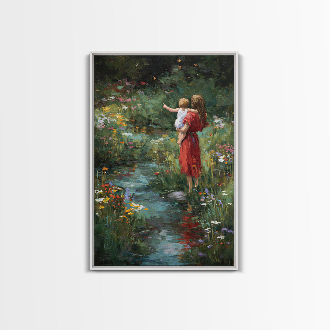 Mother In Red Dress With Child By Garden Stream Wall Art, Moody Floral Art, Nature Wall Decor, Gift For Her, Fine Art Print