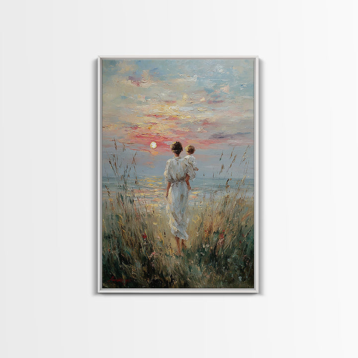 Mother And Child Watching Sunset Over Lake Framed Canvas Print, Coastal Wall Art, Serene Bedroom Decor, Motherhood Gift, Fine Art Print