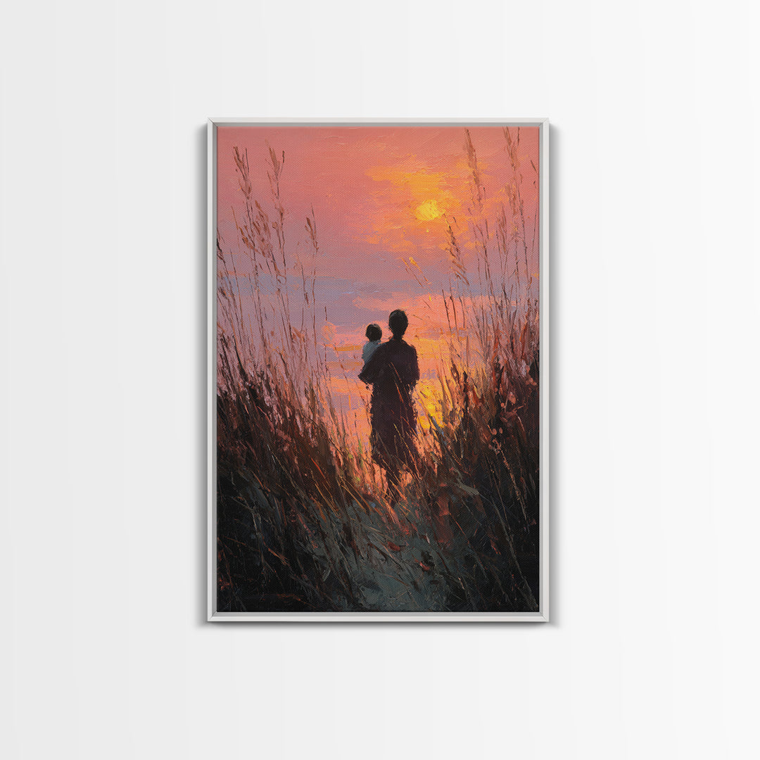 Silhouette Mother And Baby At Orange Sunset Canvas Print, Coastal Wall Art, Romantic Bedroom Decor, Gift For Mom, Sunset Art