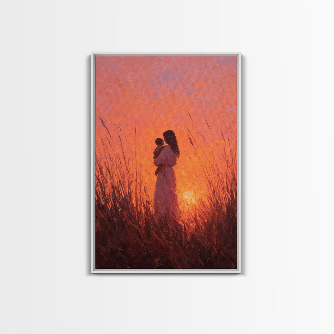 Mother And Baby In Fiery Sunset Grass Canvas Print, Romantic Wall Art, Warm Orange Decor, Nursery Wall Art, Gift For Her