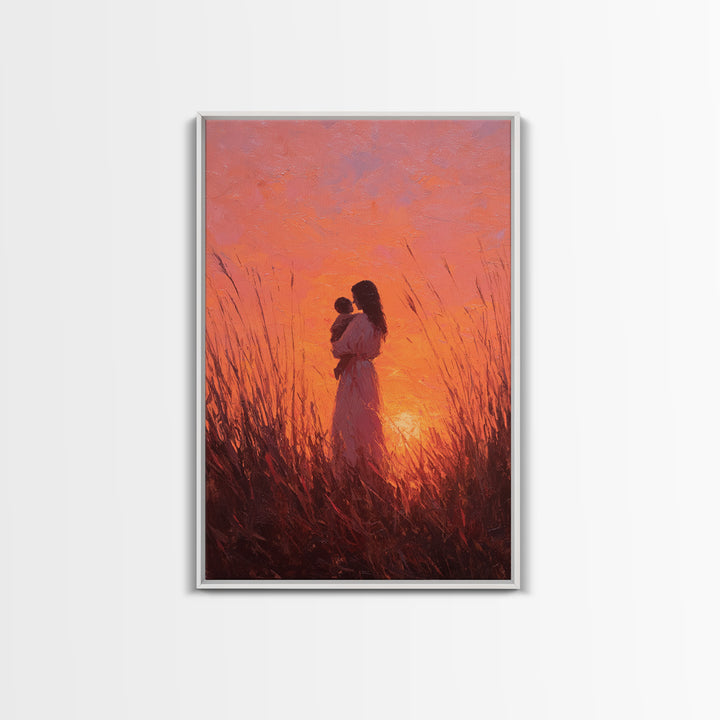 Mother And Baby In Fiery Sunset Grass Canvas Print, Romantic Wall Art, Warm Orange Decor, Nursery Wall Art, Gift For Her
