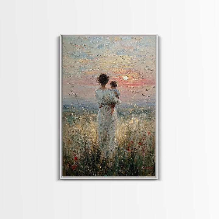Mother And Child By The Sea Framed Canvas Print, Coastal Meadow Oil Painting, Feminine Wall Decor, Gift For Mom, Nursery Wall Art