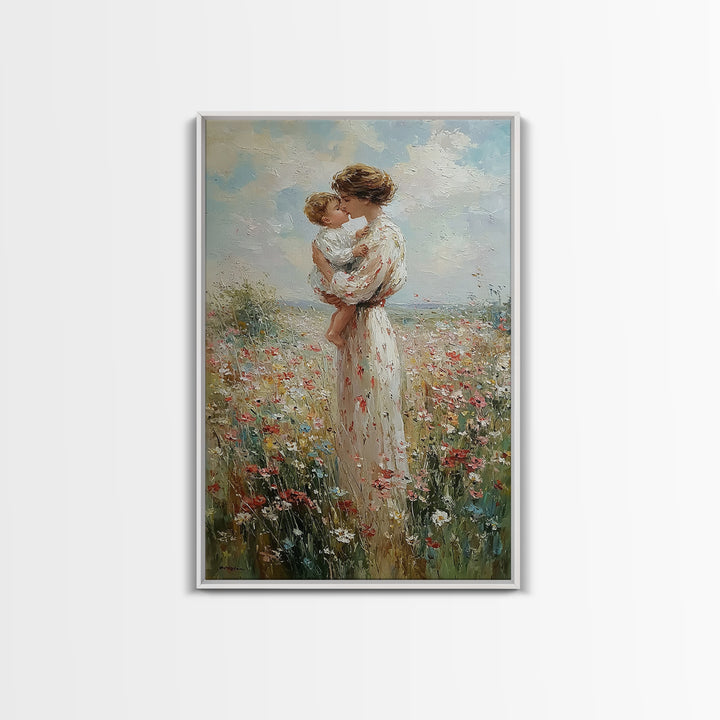 Mother Kissing Baby In Wildflower Field Canvas Print, Impressionist Floral Wall Art, Nursery Decor, Gift For Her, Mothers Day Gift