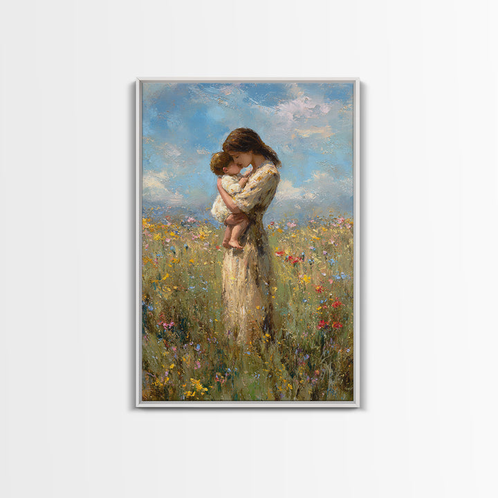 Tender Mother And Baby Wildflower Meadow Wall Art, Impressionist Oil Painting, Feminine Nursery Decor, Gift For Mom, Bedroom Decor