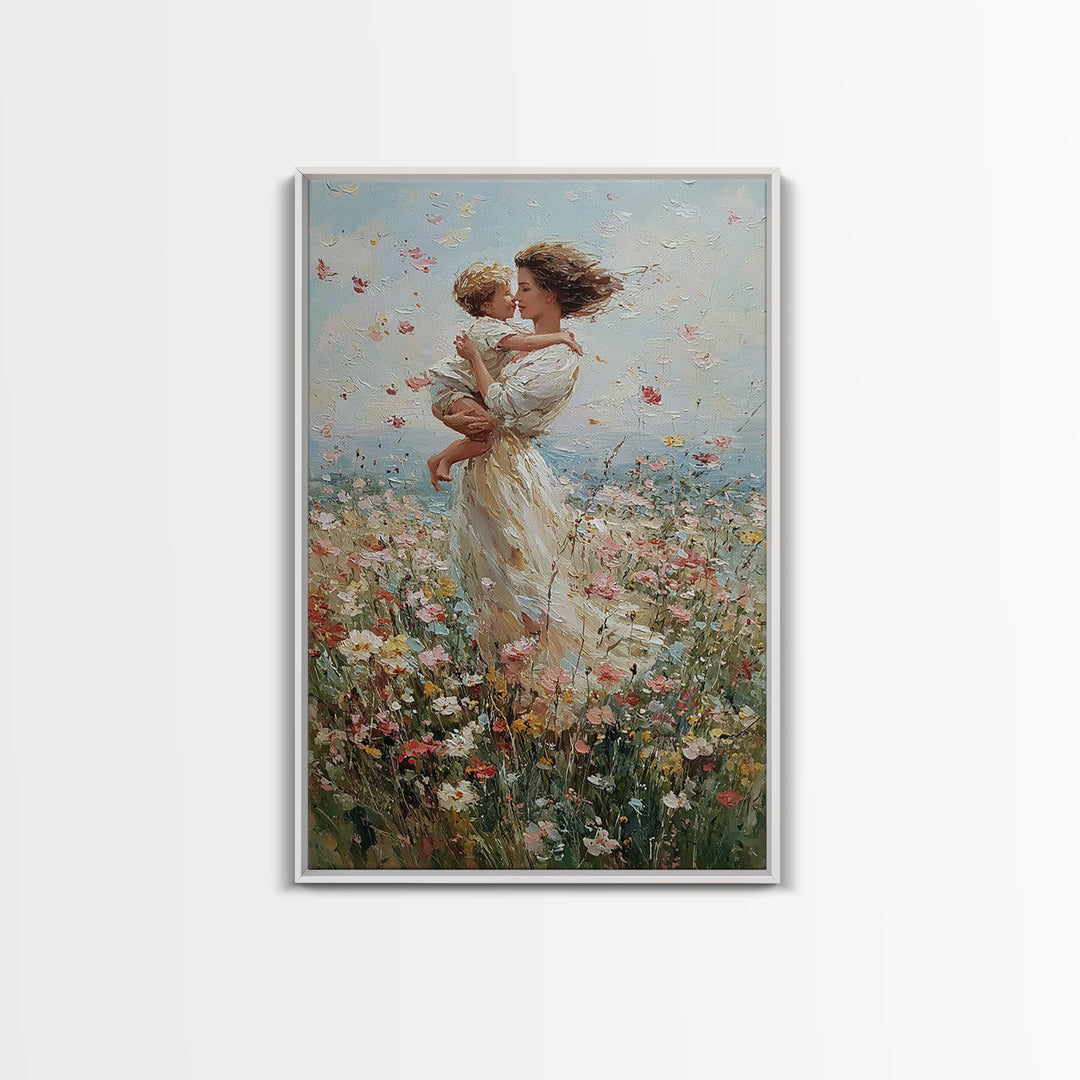 Windblown Mother And Baby Floral Meadow Framed Canvas Print, Coastal Impressionist Wall Art, Nursery Decor, Gift For Mom