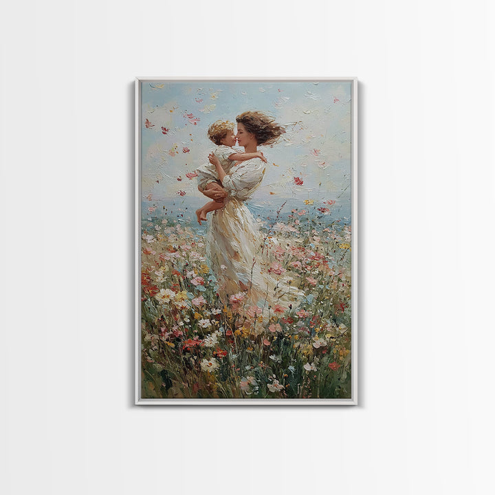 Windblown Mother And Baby Floral Meadow Framed Canvas Print, Coastal Impressionist Wall Art, Nursery Decor, Gift For Mom