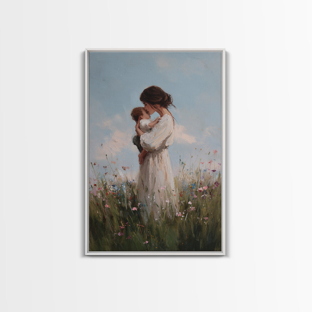 Mother Cuddling Baby In Soft Meadow Framed Canvas Print, Minimalist Floral Wall Art, Calming Nursery Decor, Gift For Mom