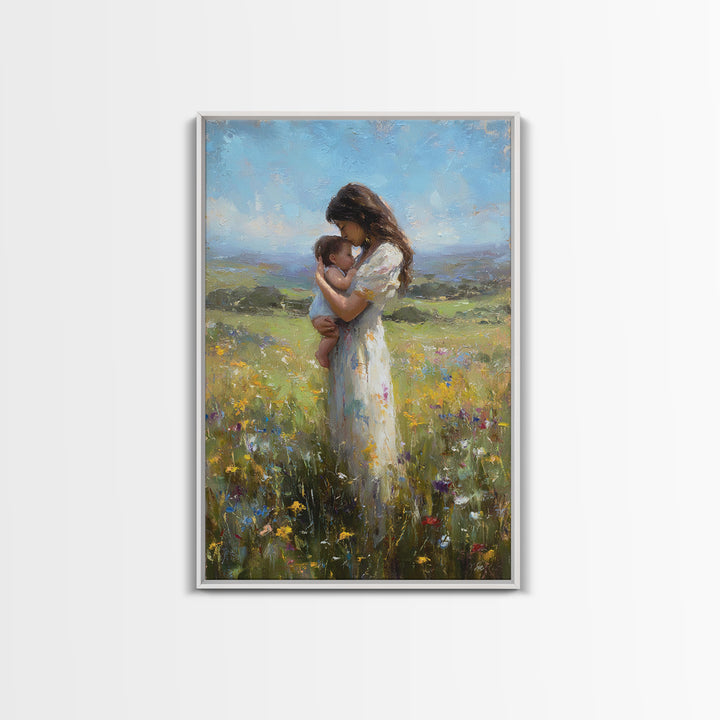 Mother And Baby In Rolling Hills Meadow Canvas Print, Impressionist Landscape Wall Art, Floral Nursery Decor, Gift For Mom