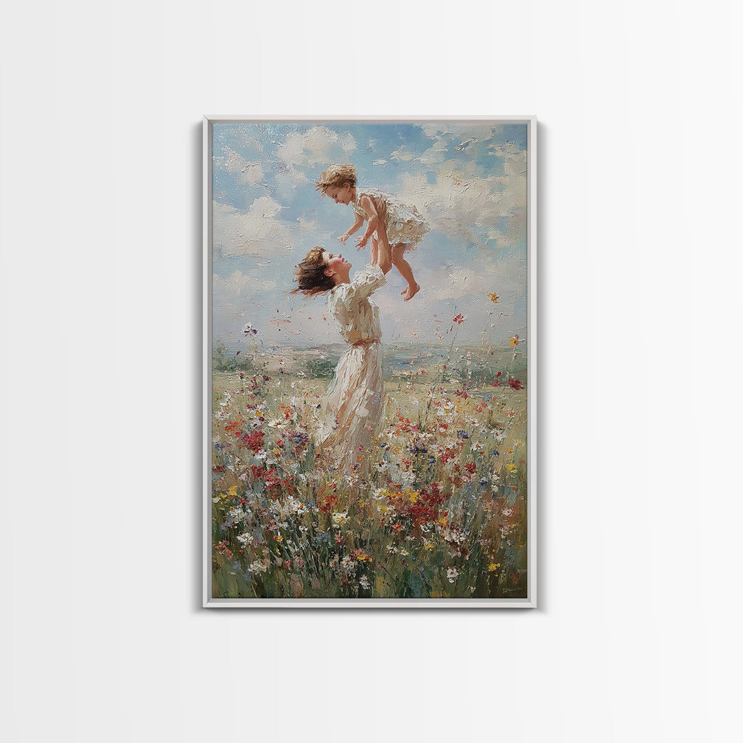 Mother Lifting Child Above Wildflower Meadow Wall Art, Joyful Impressionist Oil Painting Print, Nursery Decor, Gift For Mom